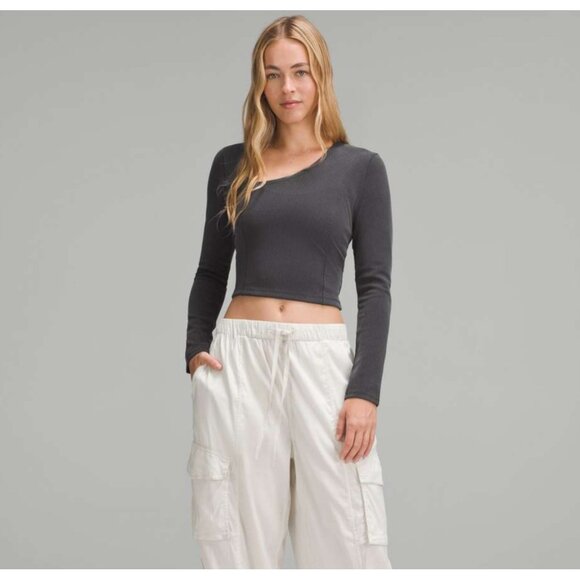 Lululemon Ribbed Softstreme Asymmetrical Long-Sleeve Shirt L Cropped Athleisure - Picture 2 of 10